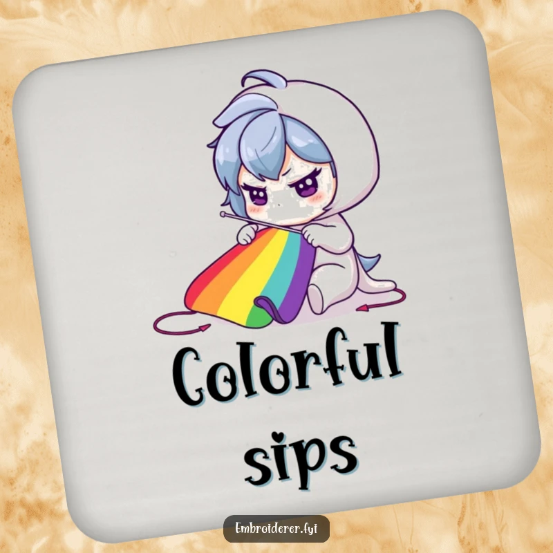 Funny Coaster: Character sewing a vibrant rainbow, adding artistic flair to any surface.