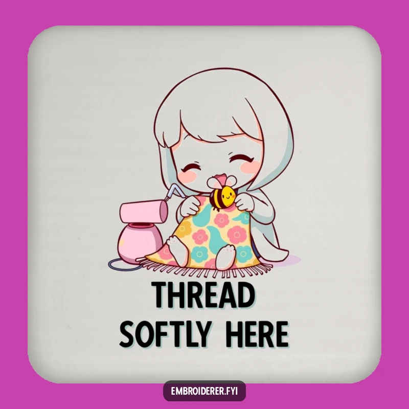 Funny Sewing Bee Coaster: Character's Crafty Protection, Humorous Table Decor