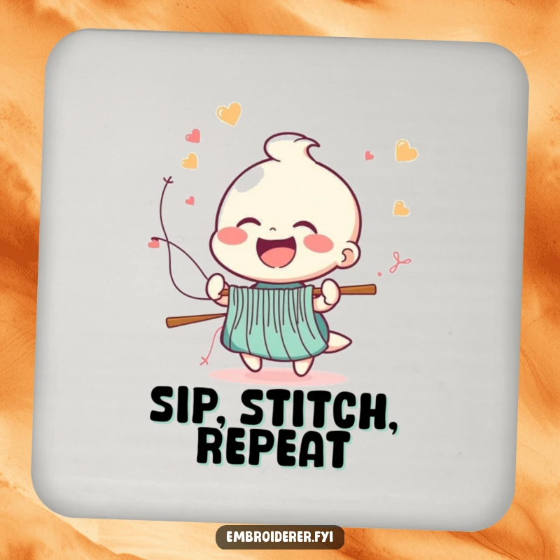 Funny coaster with a cheerful figure laughing as stitches fly from a needle at high speed, adding humorous protection to surfaces.