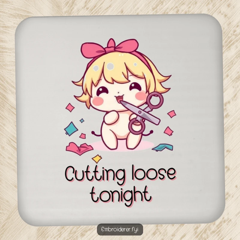 Funny sewing coaster featuring a character with scissors in its mouth, playfully snipping colorful fabric scraps, a quirky table protector.