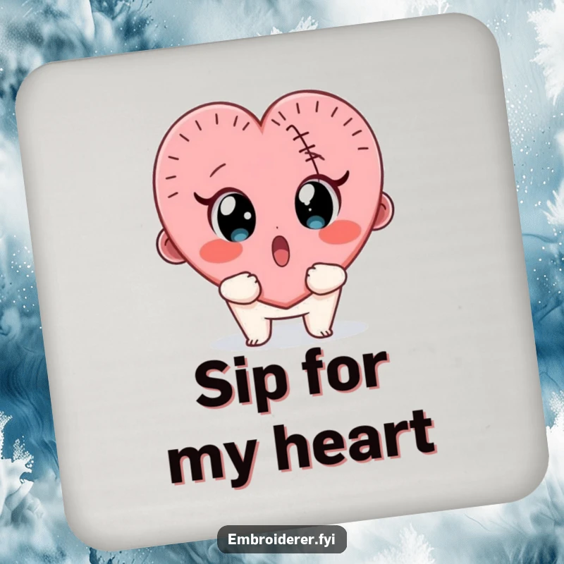 Funny drink coaster with a surprised character looking wide-eyed at a wobbly, half-finished stitched heart.