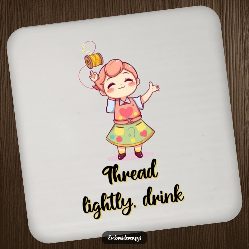 Funny character in a colorful apron playfully tossing a spool of thread, depicted on a drink coaster for home decor.