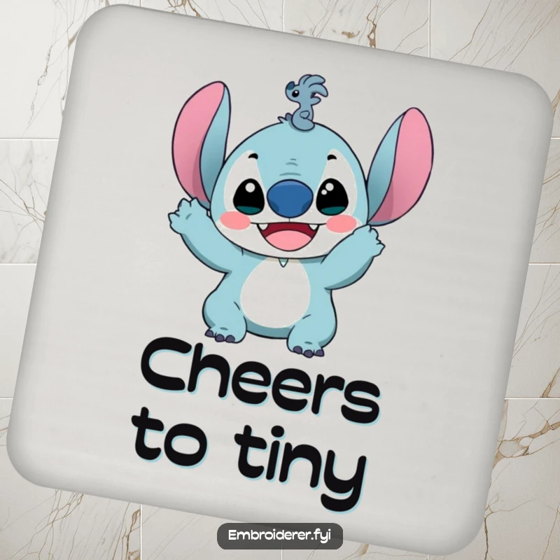 Funny drink coaster featuring a delighted character holding up a ridiculously small stitch, protecting surfaces with sewing charm and humor.