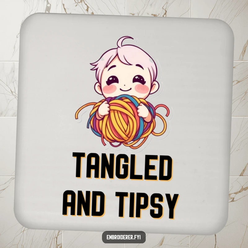 Funny yarn lover coasters with a smiling character happily bewildered by tangled colorful yarn, for table protection.
