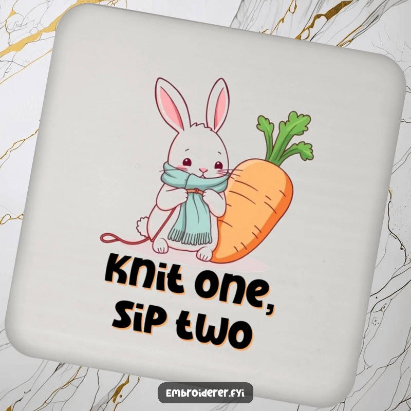 Funny drink coaster featuring a rabbit knitting a scarf for a giant carrot, adding whimsical charm to tables.