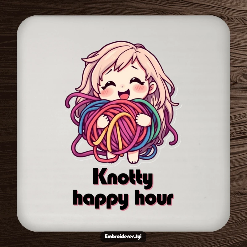 Funny drink coaster with a smiling character looking happy but bewildered holding a tangled ball of colorful yarn.