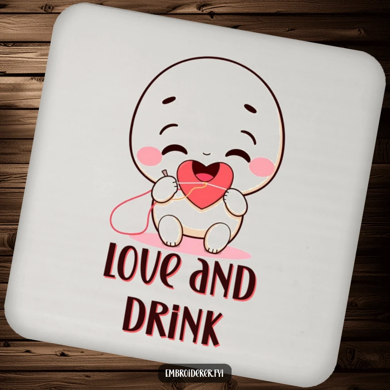 Funny smiling character stitching a heart with a needle and thread on a drink coaster.