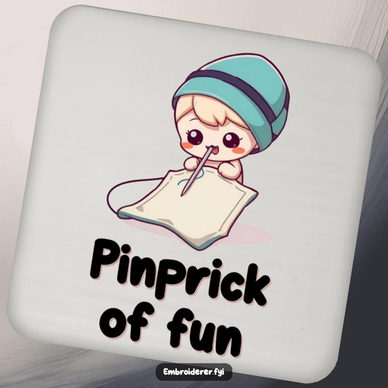 Funny Needle Drink Coaster showing a mischievous needle playfully poking fabric, offering stylish protection with sewing humor.