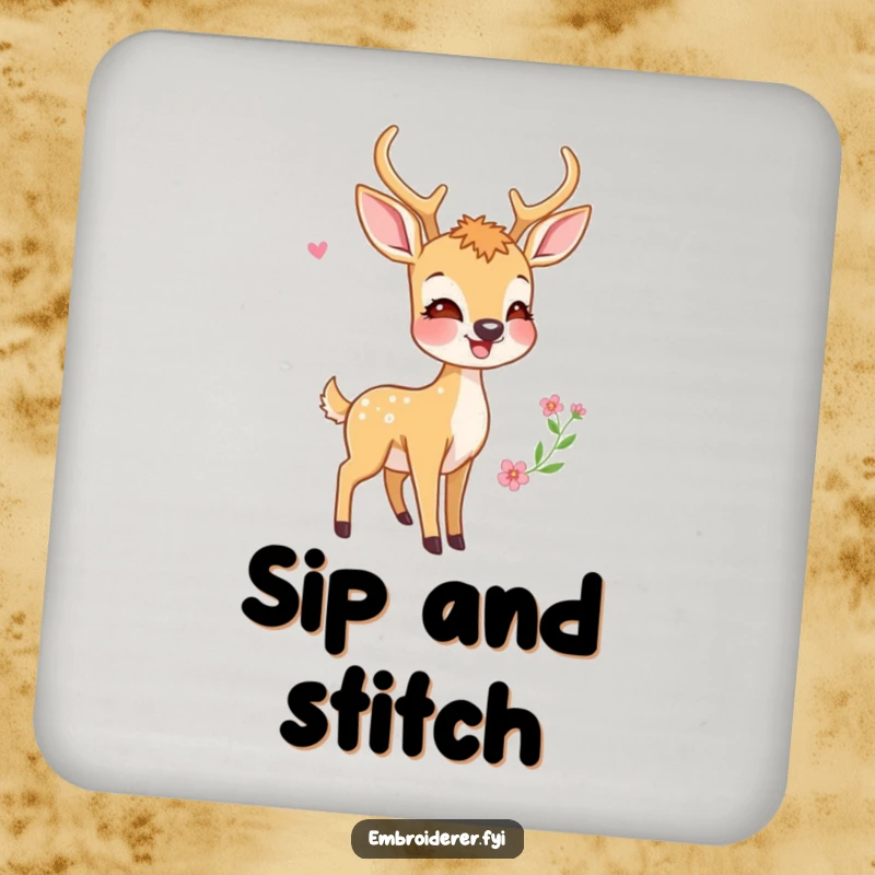 Funny drink coaster featuring a joyful deer admiring a colorful, completed embroidery artwork, protecting surfaces with charm.