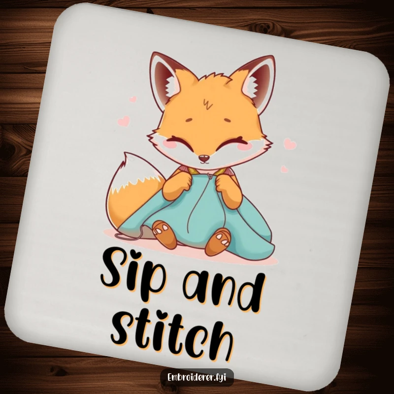 Funny coaster showcasing a winking fox sewing fabric, offering surface protection with a humorous and sly craft theme.