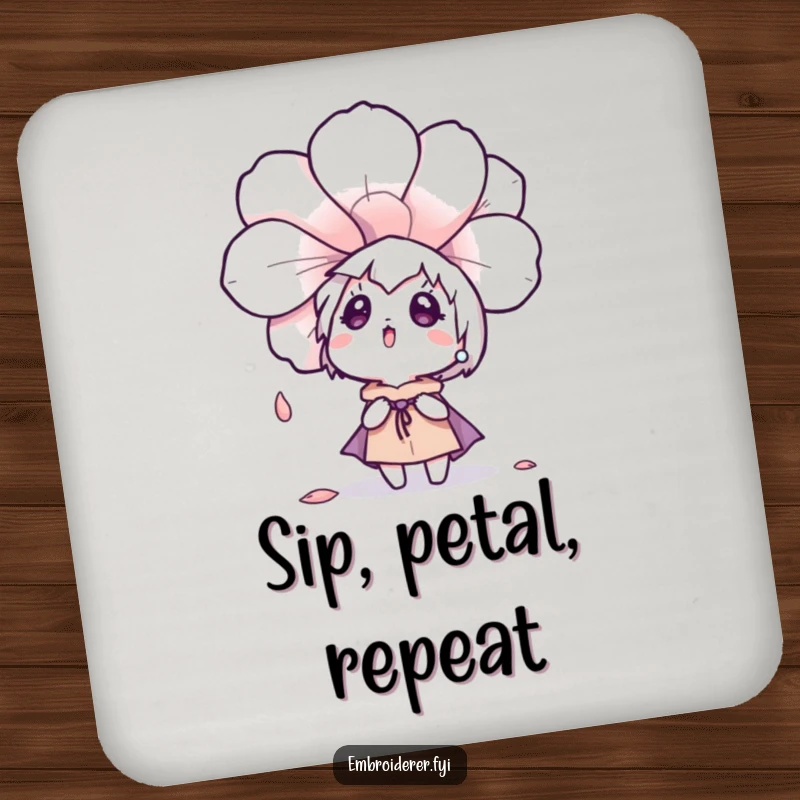Funny character surprised by a drifting embroidered flower petal, depicted on a drink coaster for home decor.