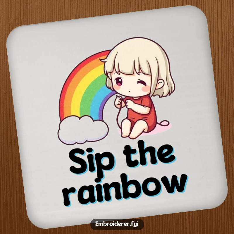 Funny stitching rainbow drink coasters, showing a character sewing a vibrant rainbow, adding artistic charm to tables.