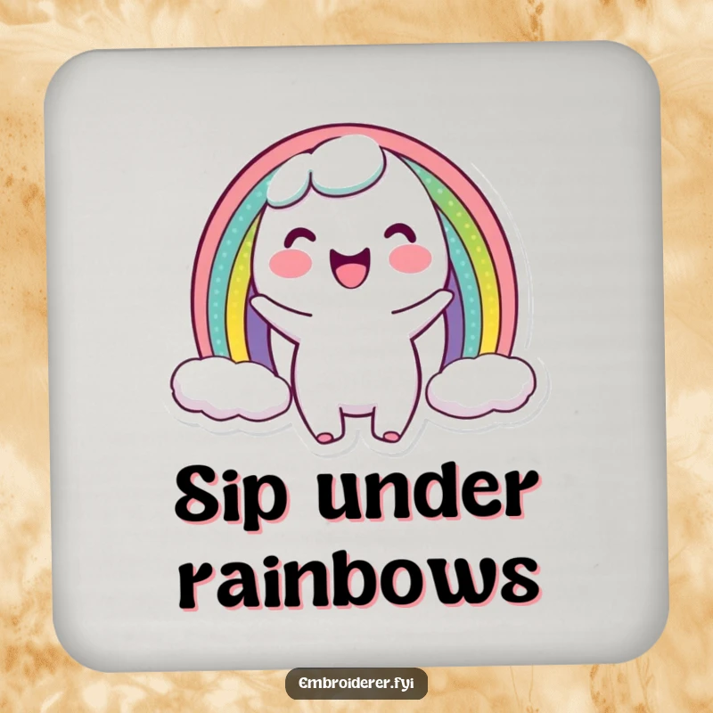 Funny drink coaster featuring a character proudly displaying a miniature rainbow arc, protecting surfaces with colorful artistic humor.
