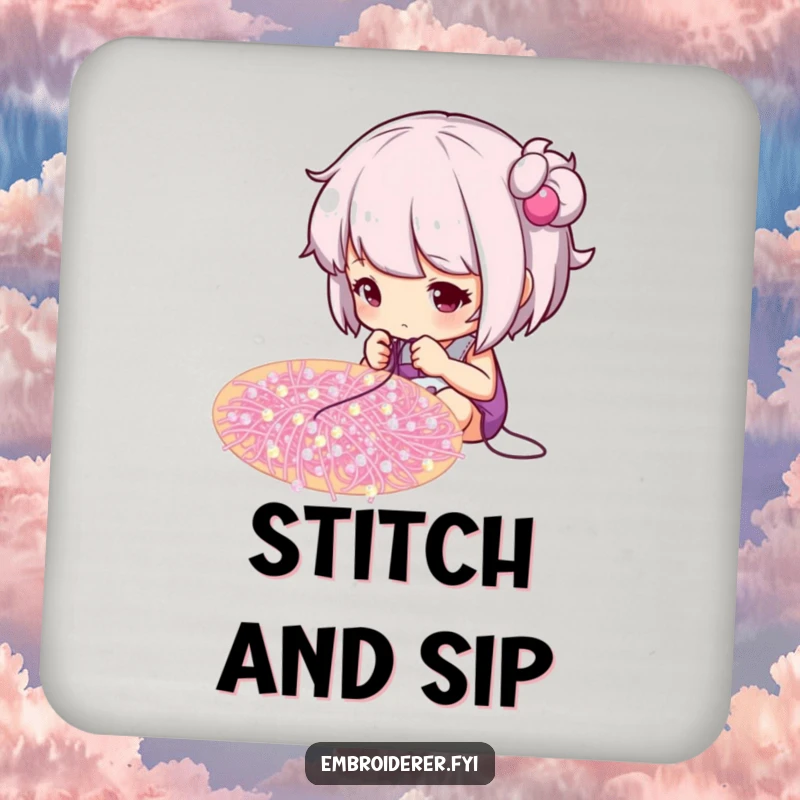 Funny drink coaster with a focused crafter stitching tiny beads onto a swirling pattern, protecting surfaces.