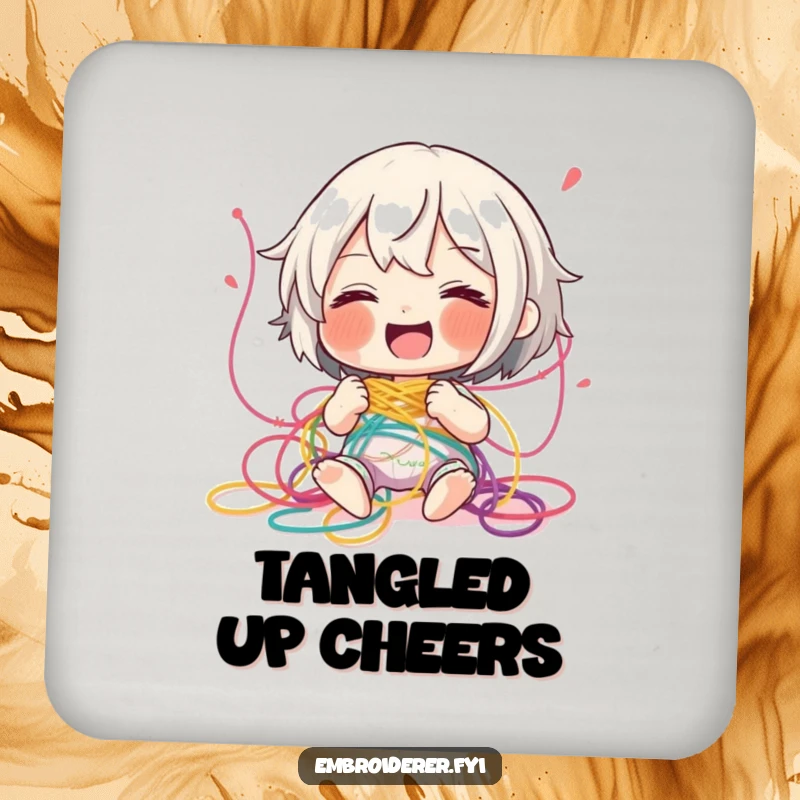 Funny tangled thread drink coasters, showing a character giggling amidst colorful embroidery threads, adding playful crafting decor.
