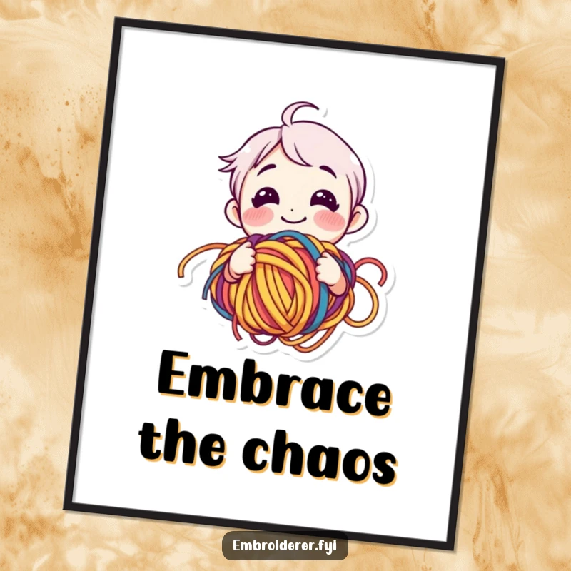 Funny yarn lover poster with a smiling character happily bewildered by tangled colorful yarn, perfect for craft room decor.