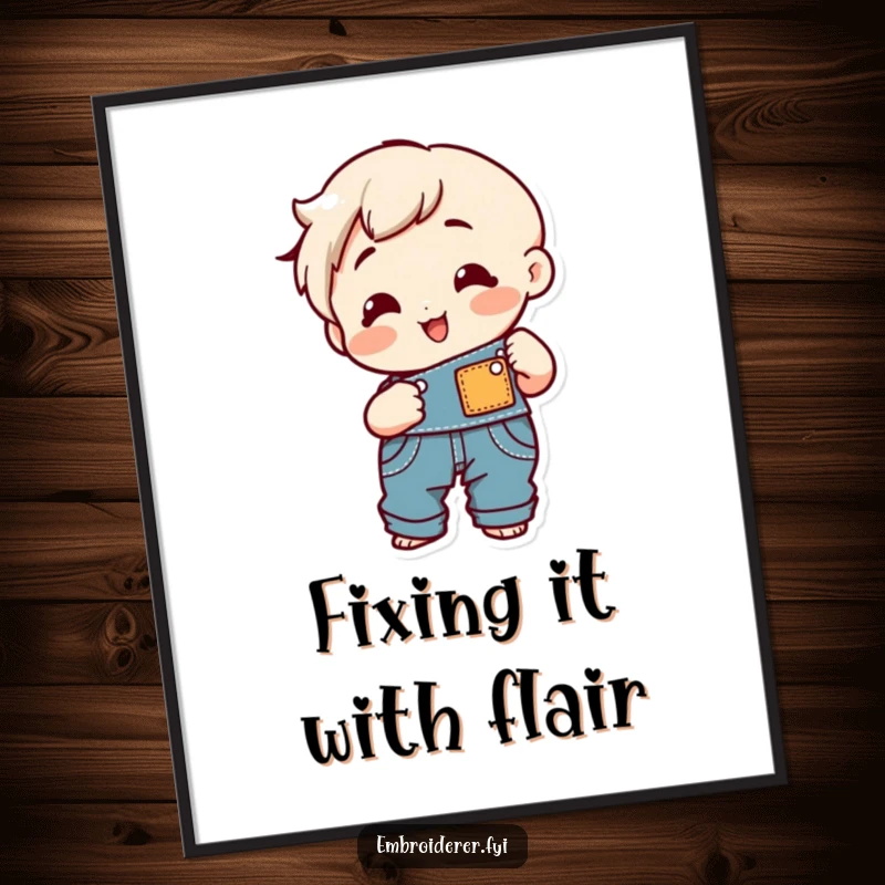 Funny cheerful character happily sewing a patch onto overalls, depicted on a poster.