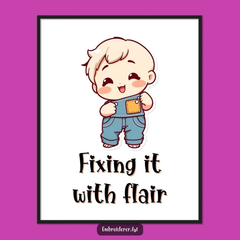 Funny Sewing Overalls Poster: Cheerful Character Patch Art Gift