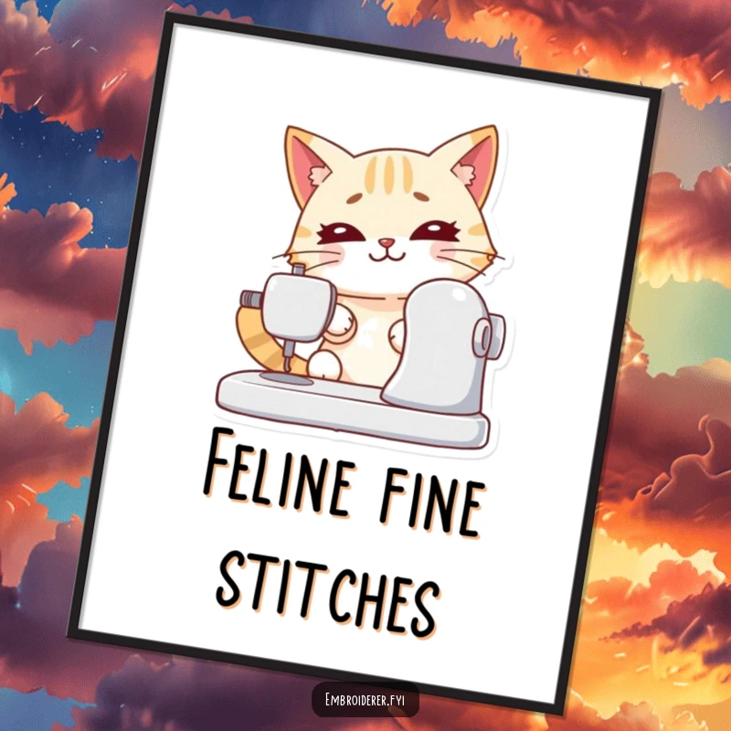Funny poster featuring a determined cat intensely sewing, bringing focused craft humor and artistic flair to wall decor.