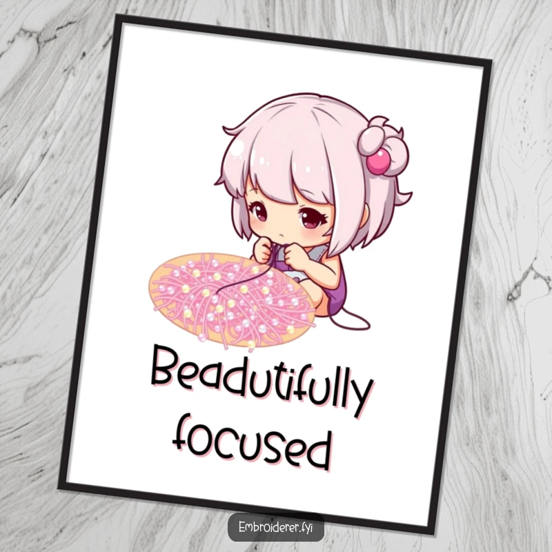 Funny poster art of a focused crafter meticulously adding sparkling beads to a swirling pattern, for art lovers.