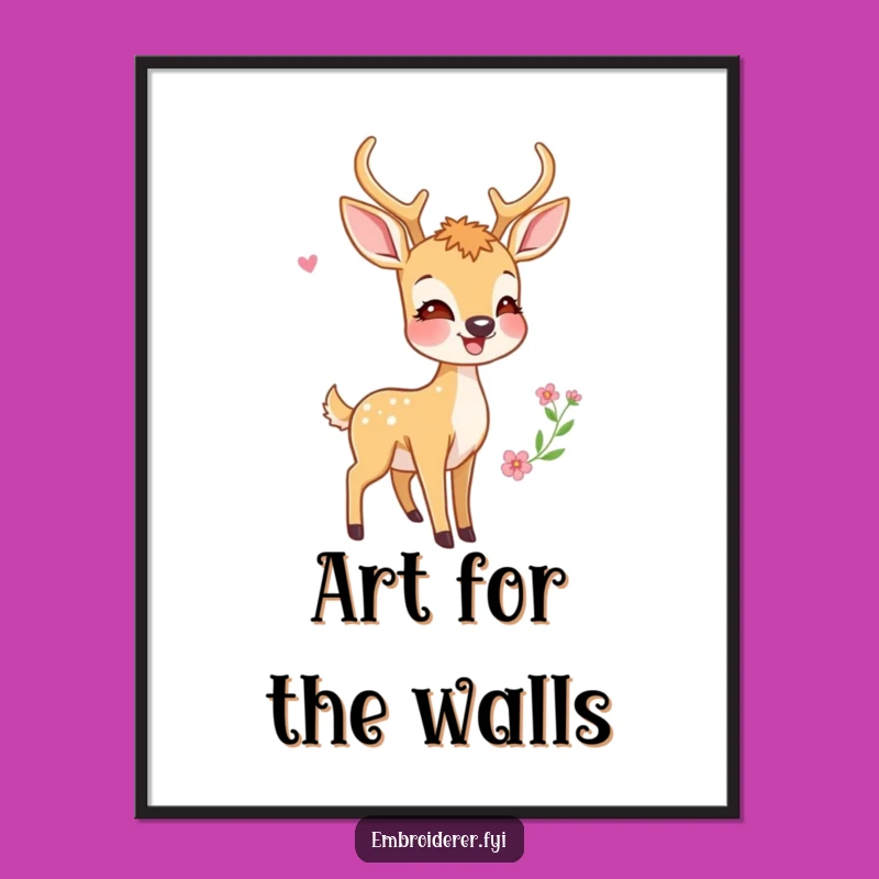 Funny Deer Poster: Joyful Moment Admiring Embroidery Art, Perfect Wall Decor Gift