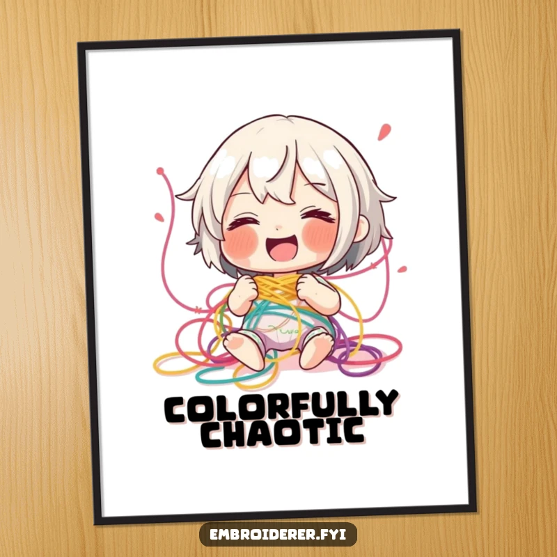 Funny tangled thread poster, depicting a character in stitches, playfully ensnared by a vibrant array of colorful embroidery threads.