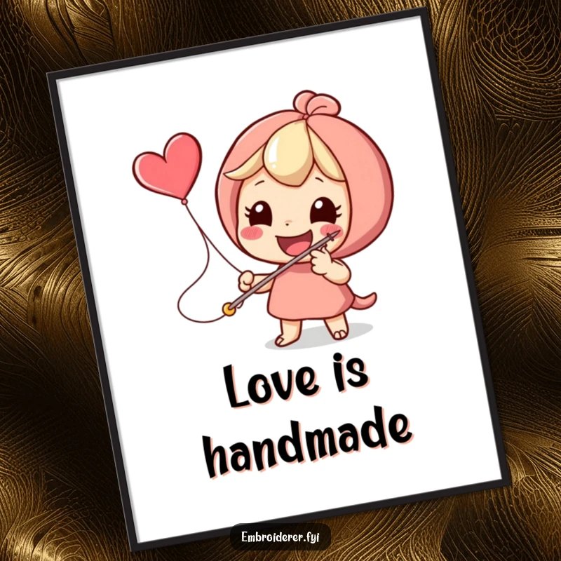 Funny character enthusiastically stitching a flying heart icon with a giant needle, a whimsical love art poster.