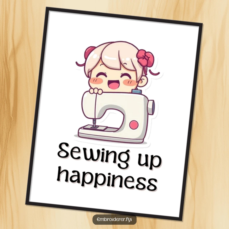 Funny Poster: Joyful character using a sewing machine with a happy expression, celebrating the art and fun of sewing.