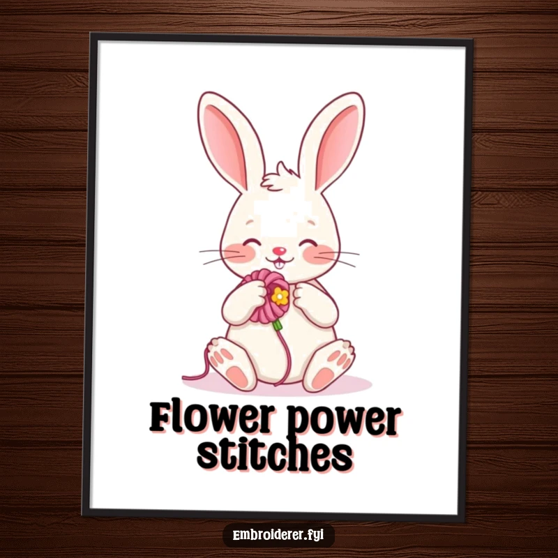 Funny poster featuring a cheerful rabbit happily embroidering a flower, bringing artistic craft humor to wall decor.