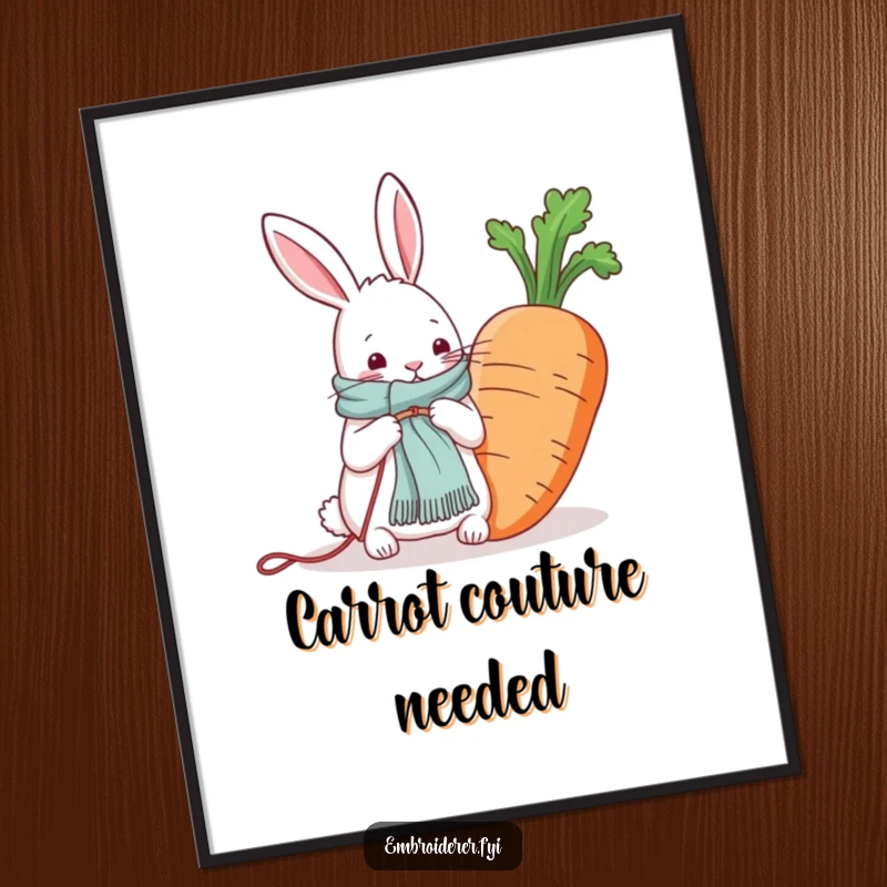 Funny poster showcasing a rabbit knitting a scarf for a giant carrot, adding quirky charm and artistic flair.