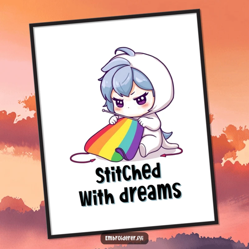 Funny Poster: Determined character sewing a vibrant rainbow, a symbol of hope and artistic creation.