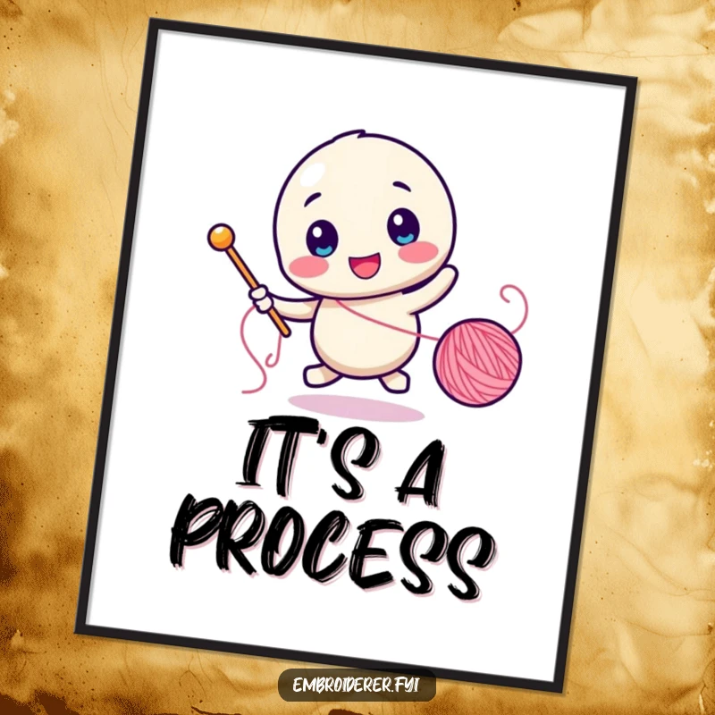 Funny poster featuring a character comically chasing a rolling spool of thread with a needle, capturing sewing fun.