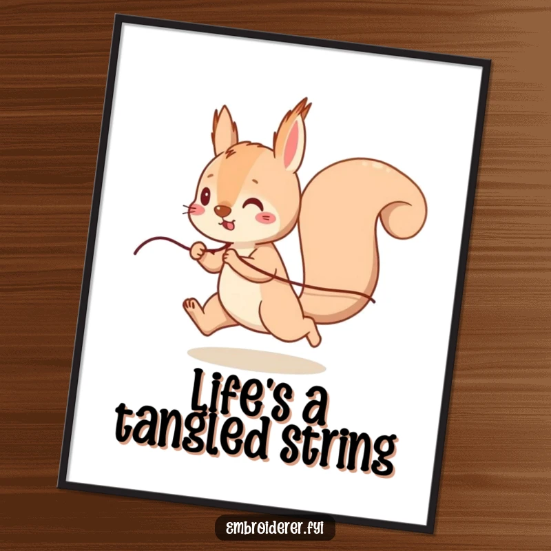 Funny Squirrel Thread Poster, a playful squirrel running with a long strand of thread, humorous wall art for energetic homes.