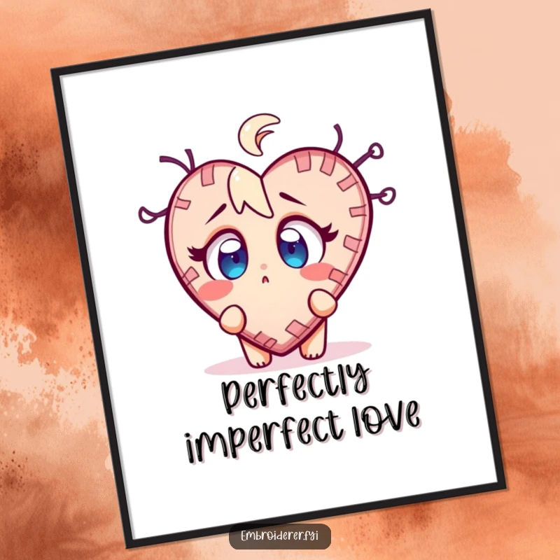 Funny stitch surprise poster featuring a character wide-eyed at a wobbly, half-finished stitched heart, perfect for decor.