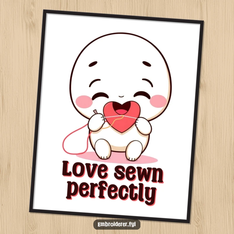 Funny smiling character using a needle and thread to stitch a heart, depicted on a poster.