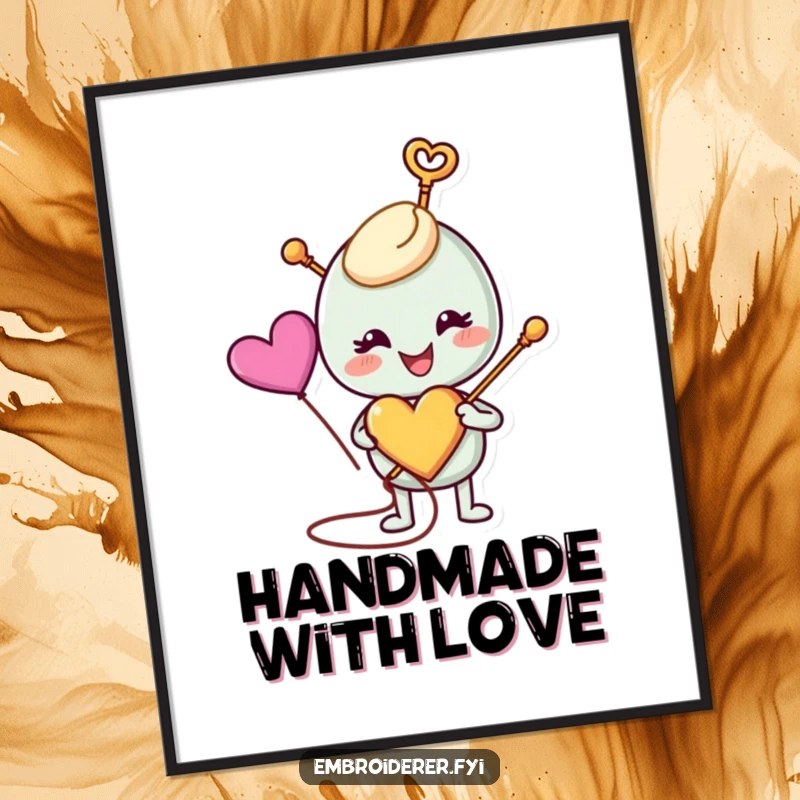 Funny anthropomorphic needle happily stitching a colorful heart on a poster, symbolizing love and dedication to crafting, perfect for funny art collectors.