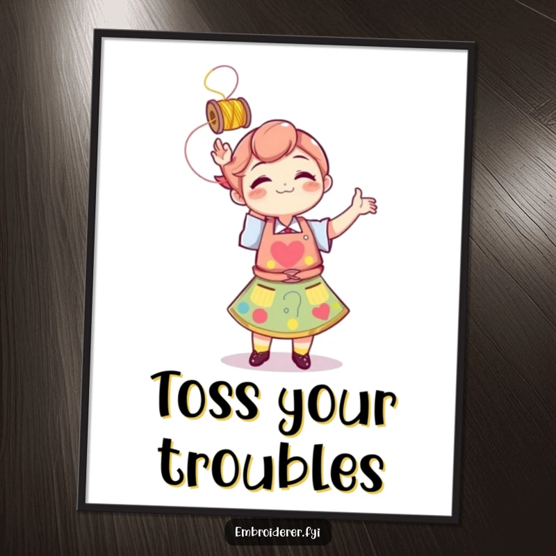 Funny character in an apron playfully tossing a spool of thread, a vibrant craft art poster.