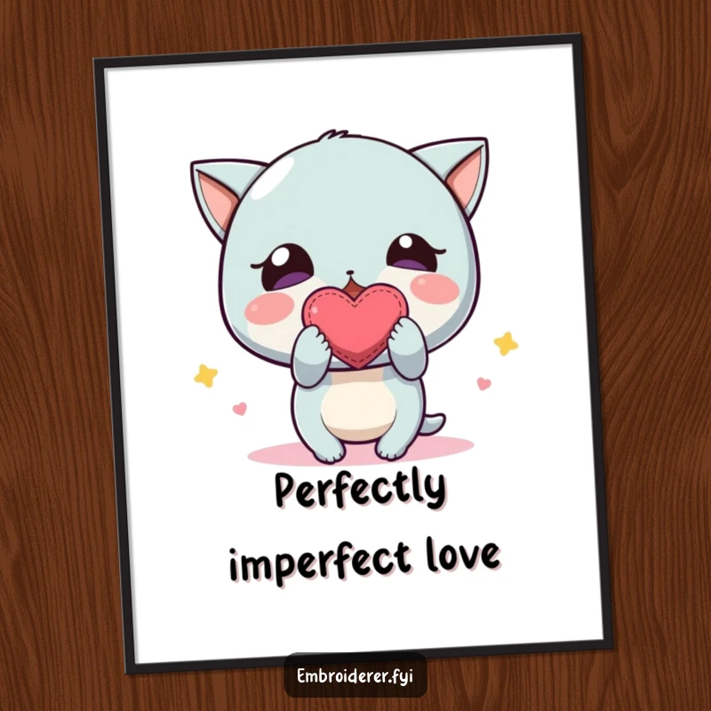 Funny Poster: A character proudly displaying a small, slightly off-kilter embroidered heart, celebrating the art of imperfect creations.