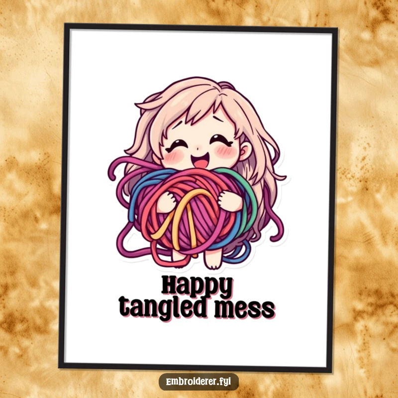 Funny poster art featuring a smiling character looking bewildered yet happy while holding a large, tangled ball of colorful yarn.