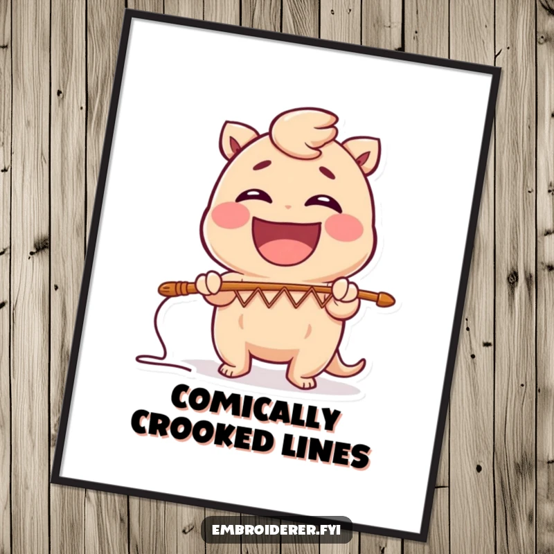 Funny poster featuring a character with a gleeful laugh, creating a zig-zag stitch pattern with a large needle, adding comical art.