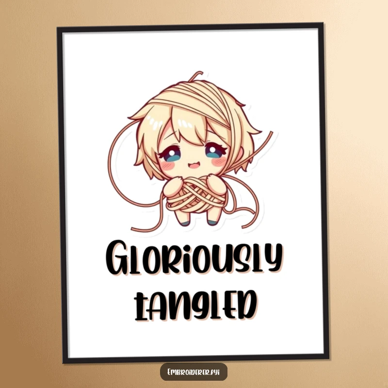 Funny poster of a character comically tangled in yarn, looking flustered but smiling, perfect for adding humorous decor to craft spaces.