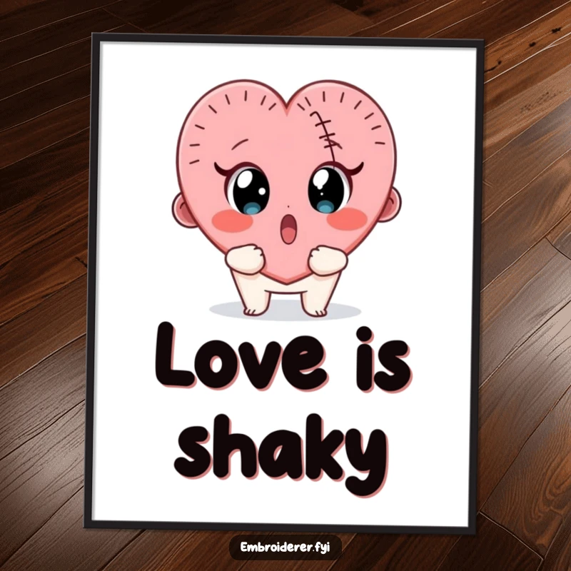 Funny poster art of a surprised character looking wide-eyed at a wobbly, half-finished stitched heart.