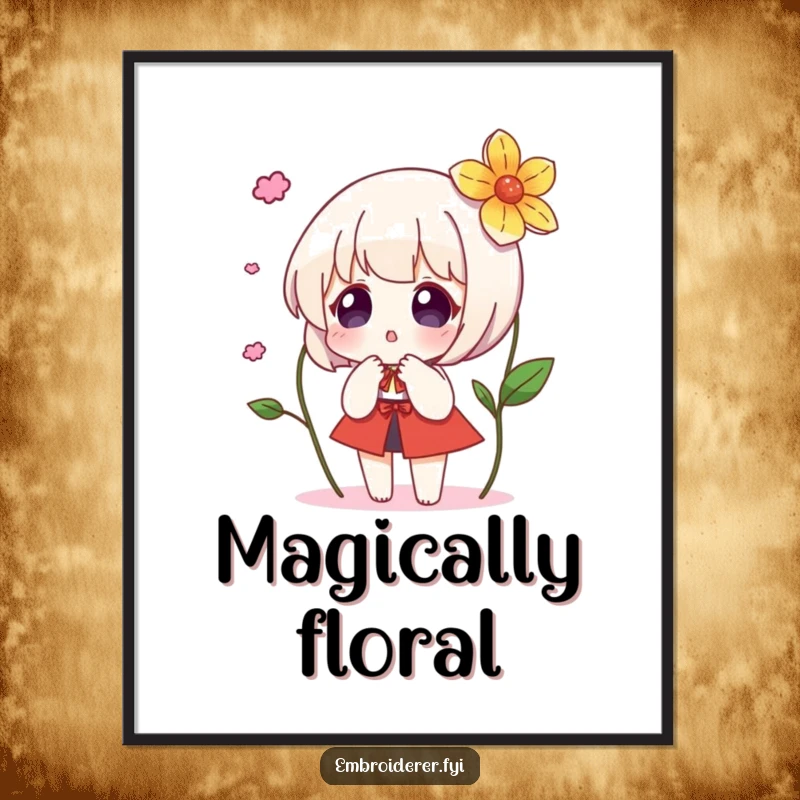 Funny poster illustrating a character’s surprised delight at a magically appearing embroidered flower, evoking awe and enchantment.