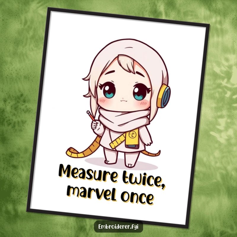 Funny crafter poster depicting a character with a measuring tape scarf, gazing in amazement at a wonderful artistic creation.