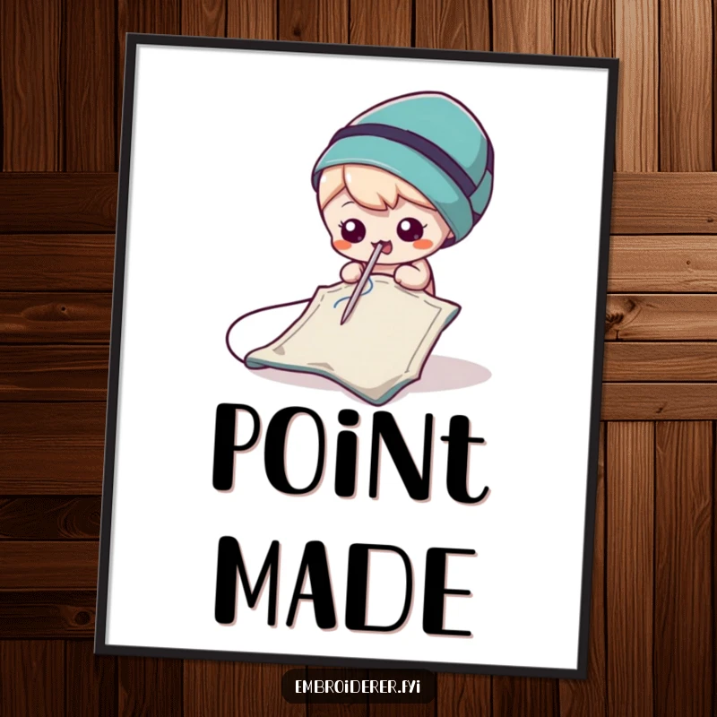 Funny Needle Poster depicting a tiny, mischievous needle playfully poking at a scrap of colorful fabric, adding whimsy.