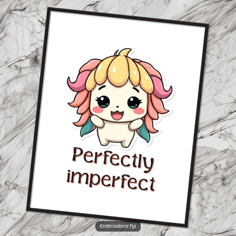 Funny poster of a proud character displaying a slightly lopsided but colorful creation, perfect for inspiring art studios and craft rooms.