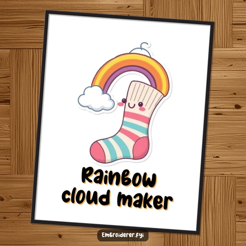 Funny Poster featuring a cheerful sock sewing a vibrant rainbow onto a fluffy cloud.