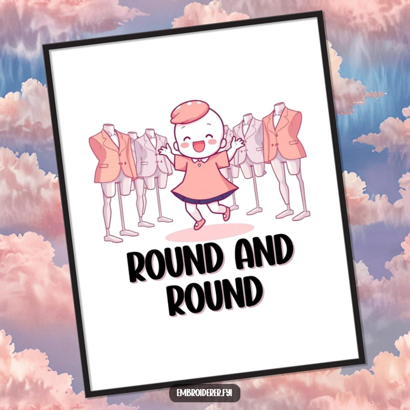 Funny Poster of a character doing a happy dance surrounded by many floating embroidery hoops, a joyful craft theme.