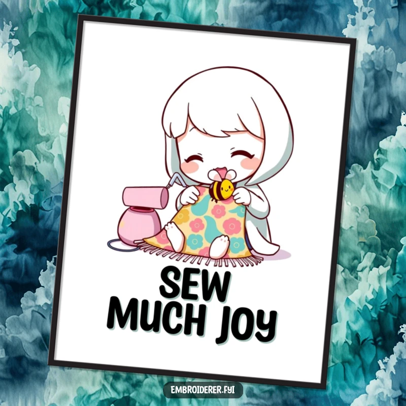 Funny poster featuring a character intently sewing a small, smiling bee onto a colorful fabric swatch, highlighting the joy of craft.