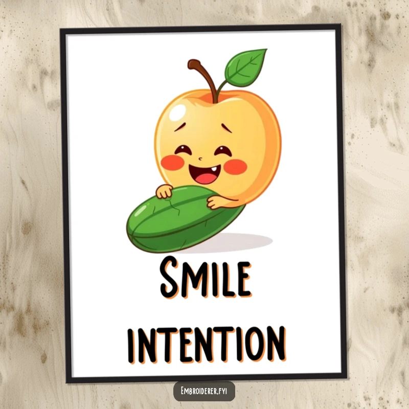 Funny poster depicting a delighted apple trying to stitch a smile onto a very grumpy cucumber's face.